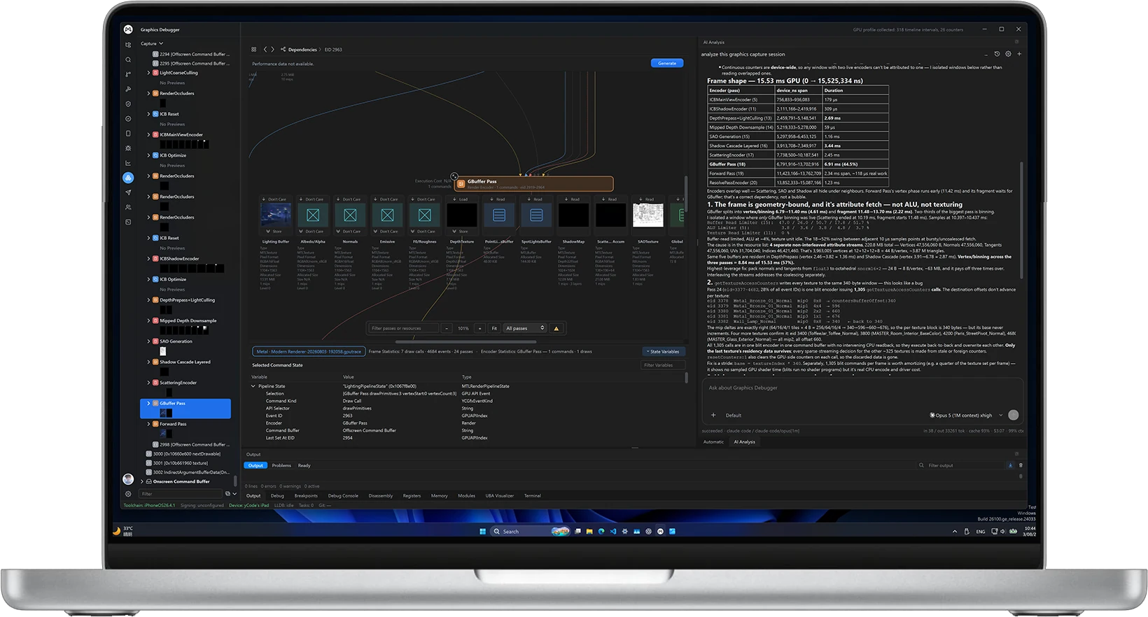 Ycode graphics debugger with AI analysis running on a laptop